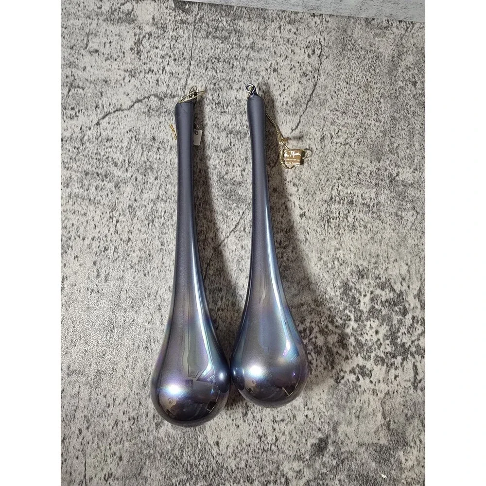 2 Jim Marvin Vintage Metallic Teardrop light blue gray glass Christmas Ornaments